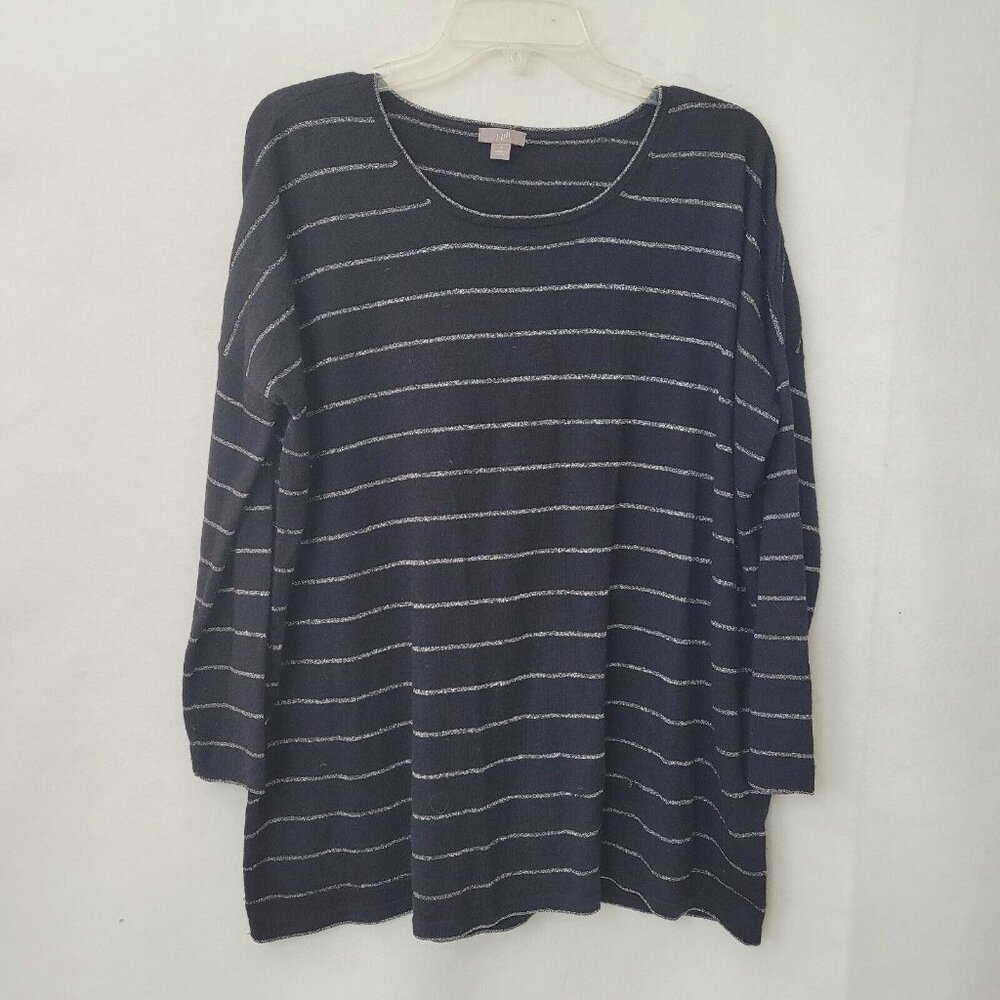 J Jill Sweater Women S Black Stripe Long Sleeve Tunic Wool Rabbit Blend Metallic